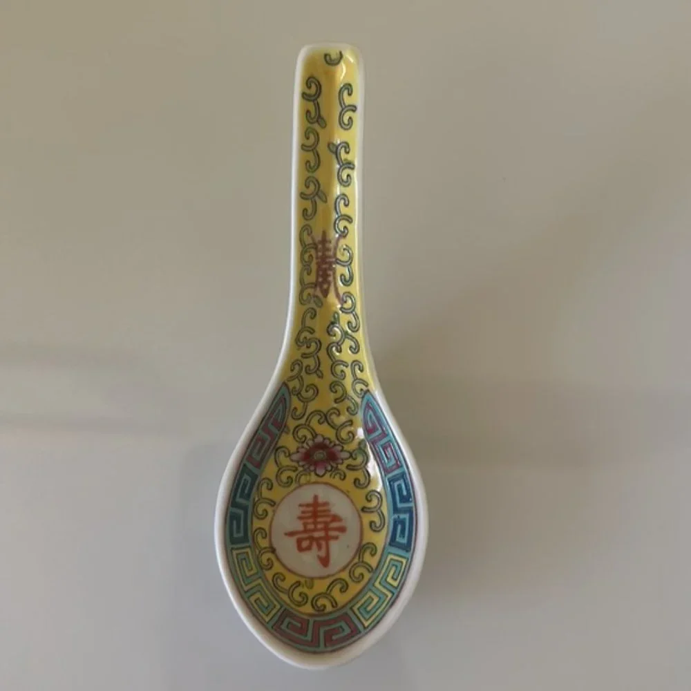 China Jingdezhen Wanshou Porcelain Soup Spoons Yellow Hand Painted Set of 7